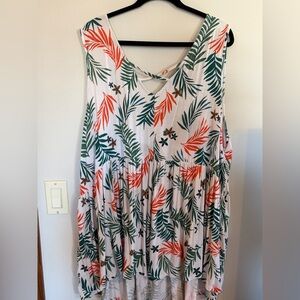 Terra & Sky White Maxi Tunic Tank with Green and Coral Tropical Print